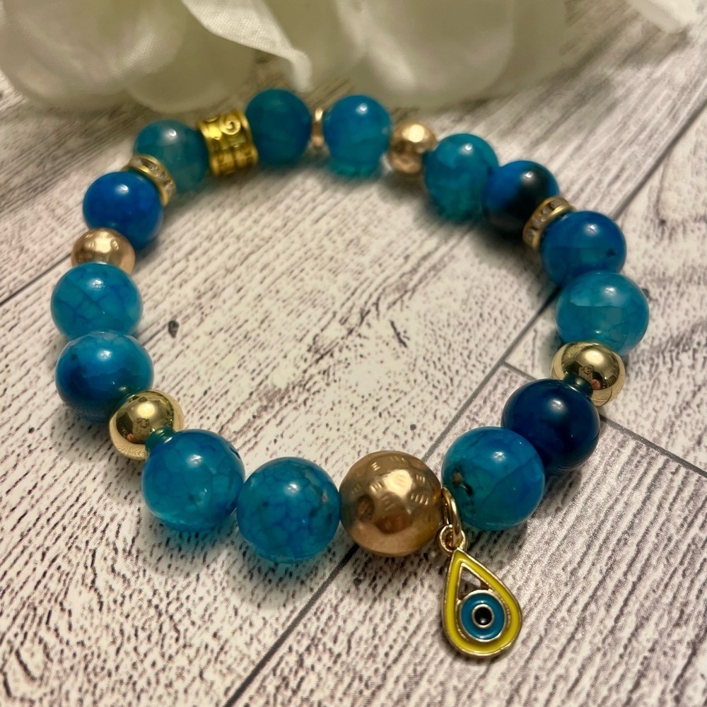 Blue Agate Gemstone Beaded Bracelet Evil Eye Charm 10mm, stretch, handmade